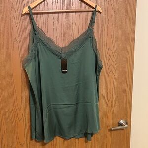 Silky green lace trim top